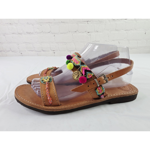 Handmade In Greece Leather Evil Eye Boho Sandals Strappy Carmel Size 9 - Picture 3 of 8